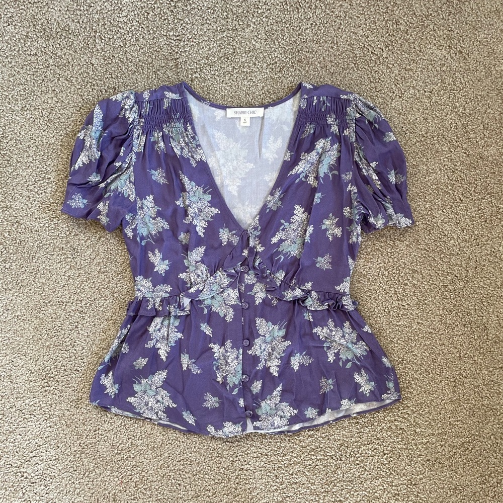 Shabby Chic Purple Floral Puff Sleeve Blouse | Smocked V-Neck Peplum Top S